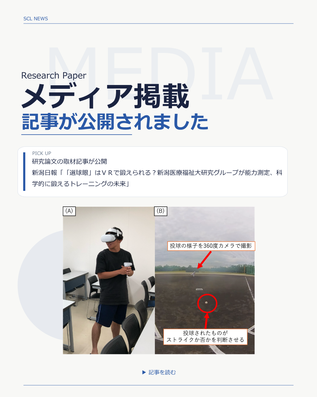VRを用いた野球の選球能力測定((A)VRでの選球課題、(B)360度カメラによる投球撮影)